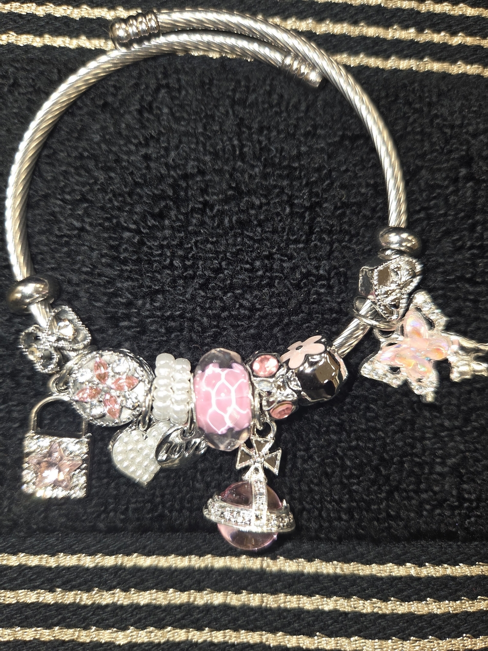 Silver-Tone Pink Charm Bracelet with Beads and Dangles